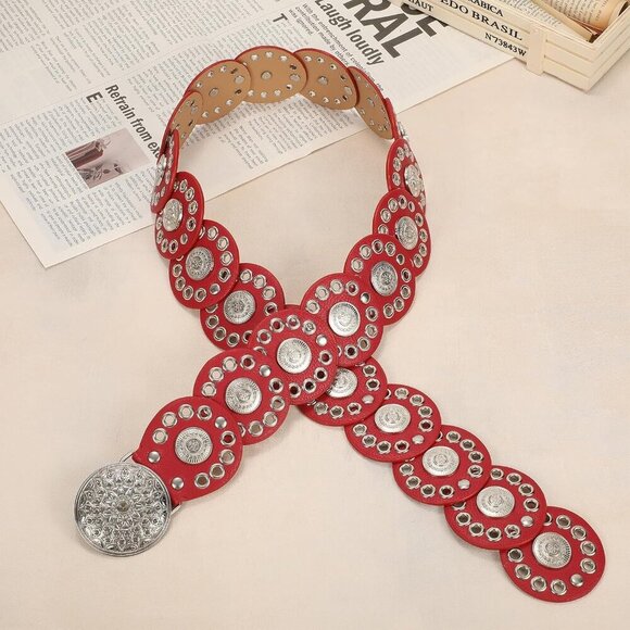 Women Vintage Disc Waist Concho Leather Belt Boho Waist Belt Red Silver Buckle